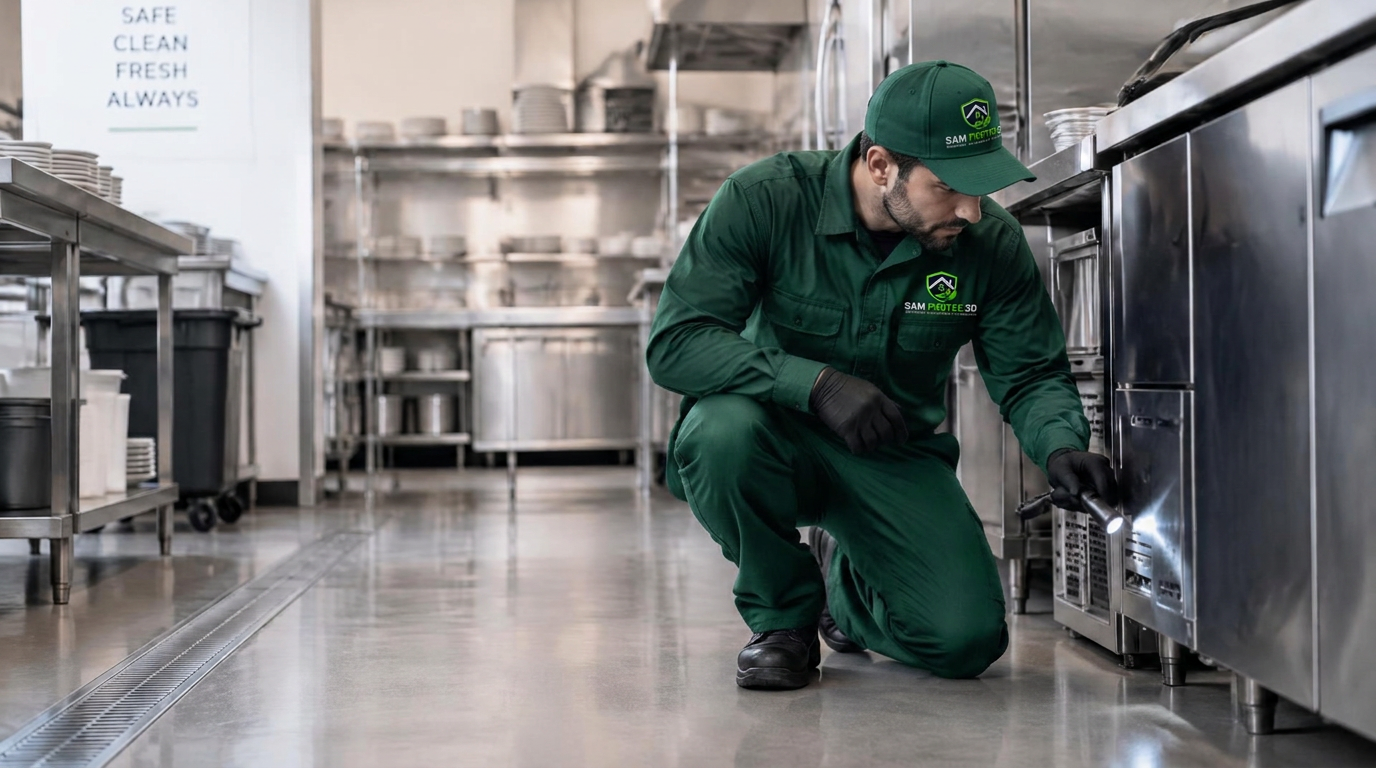 Technicien SAM PROTEC 3D inspectant une cuisine professionnelle